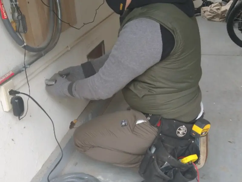 Electrician performing outlet wiring in a Middleville garage